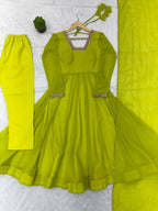 Teeya Creation Women'S Lime Parrot Green Solid Flared Anarkali Kurta With Dupatta Set | Grocsy