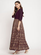 Ahalyaa Women's Wine Georgette Gold Foil Print Flared Kurta With Dupatta | Grocsy
