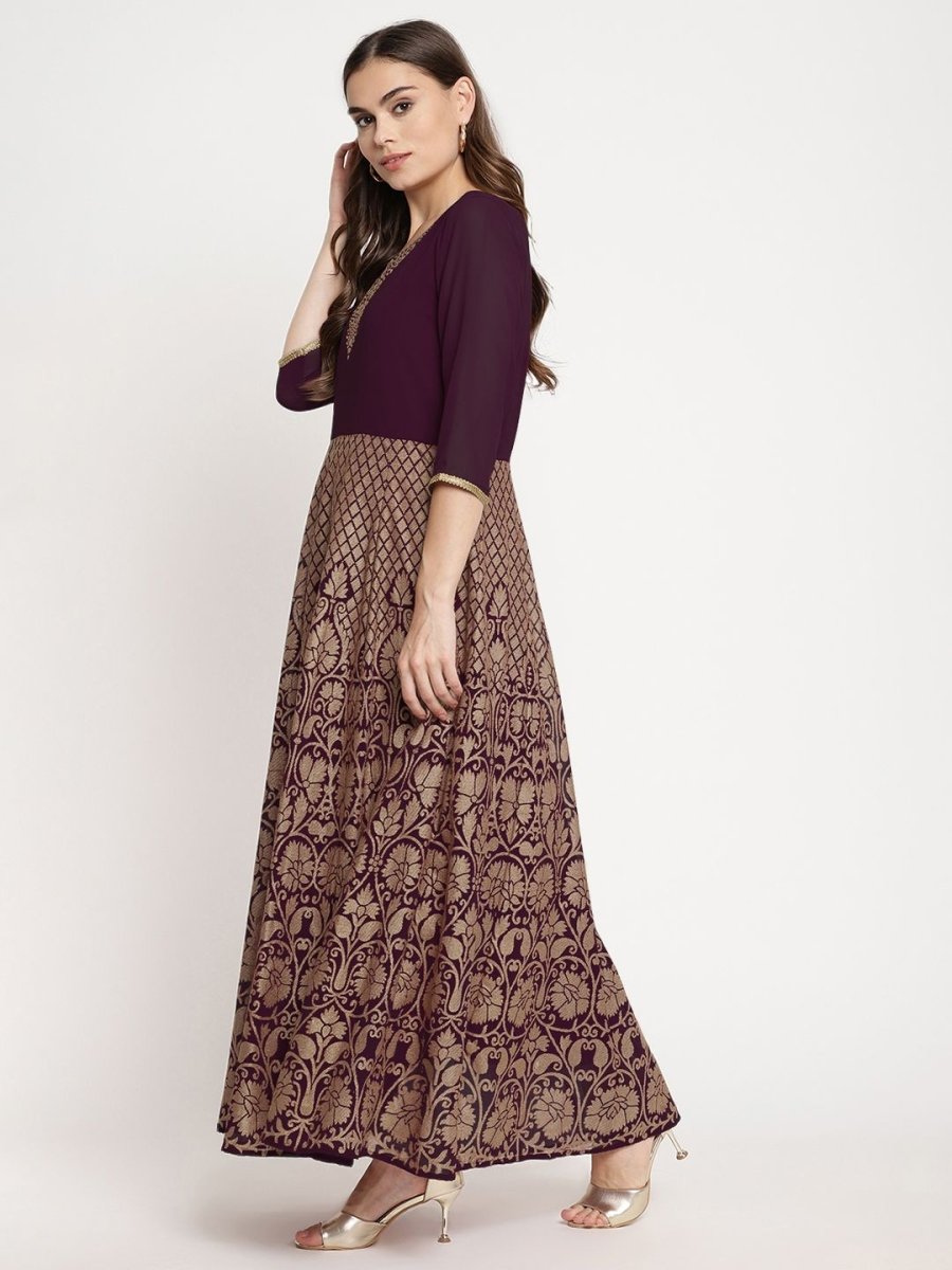 Ahalyaa Women's Wine Georgette Gold Foil Print Flared Kurta With Dupatta | Grocsy