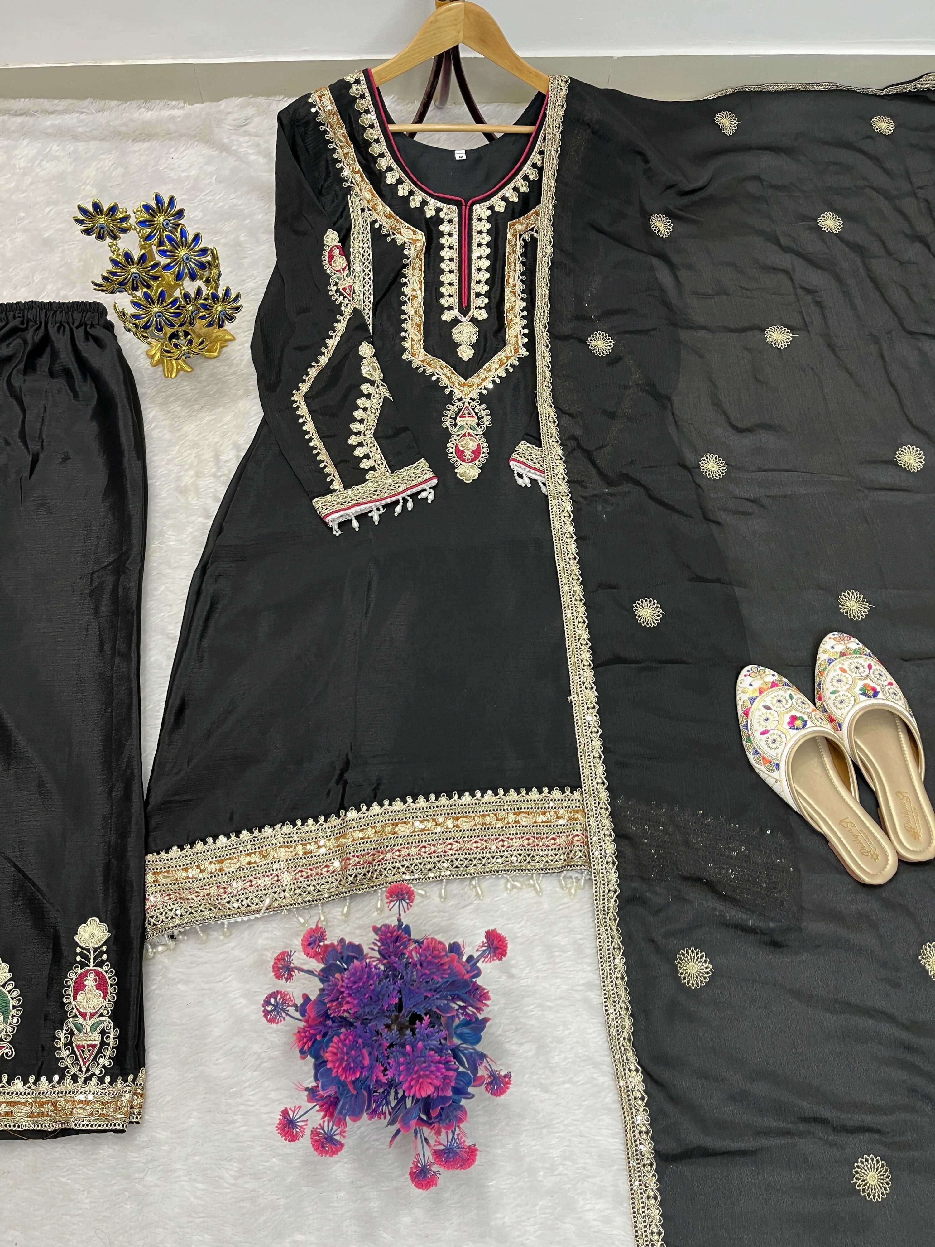 Teeya Creation Black Color Chinon Silk Party Wear Trending Palazzo Set | Grocsy