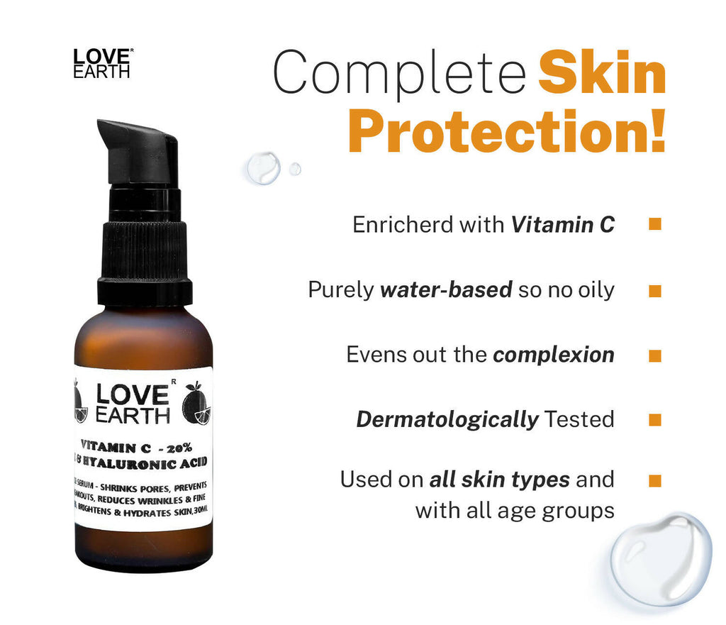 Love Earth Vitamin C 20%, E & Hydraulic Acid – Face Serum | Grocsy