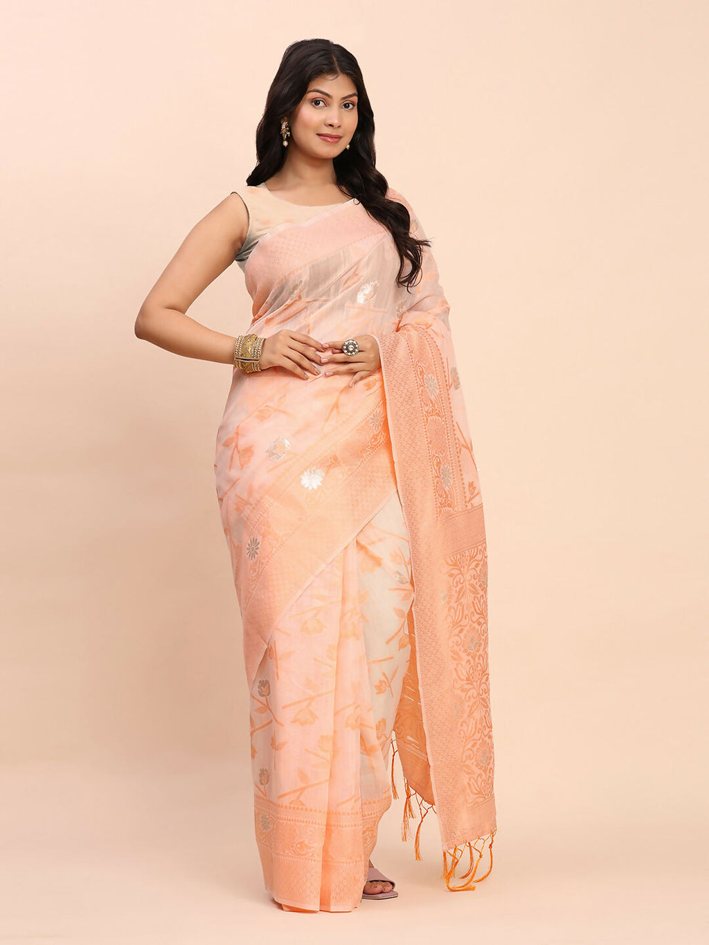 Shree Shyam Fashion Linen Cotton Peach Saree | Grocsy