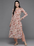Ahalyaa Women Floral Printed Pleated Gotta Patti Kurta with Trousers - Brown Color | Grocsy