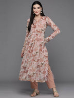 Ahalyaa Women Floral Printed Pleated Gotta Patti Kurta with Trousers - Brown Color | Grocsy