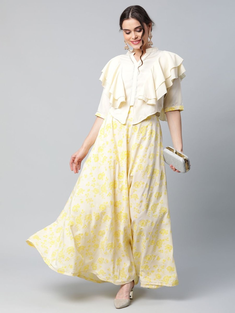 Ahalyaa Women Crepe Cream Solid Top with Printed Skirt with Ruffle Details | Grocsy