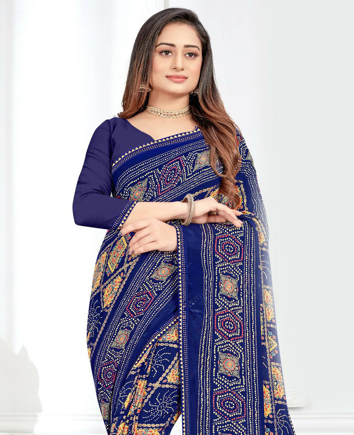 Blue Georgette Bandhani Printed Saree With Unstitched Blouse Piece - Jyoti | Grocsy