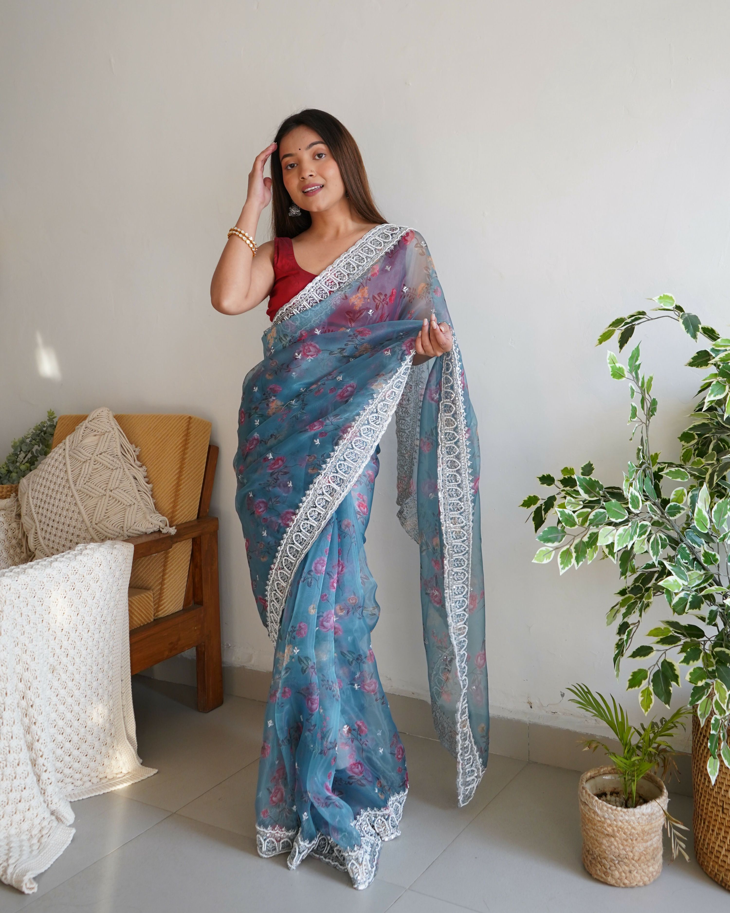 Vamsee Ferry Blue Organza Saree | Grocsy