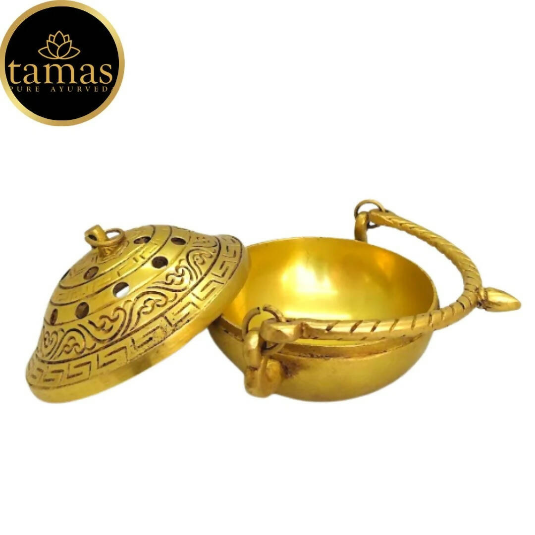 Tamas Brass Small Dhoop Burner with Handle and Lid (Golden) | Grocsy
