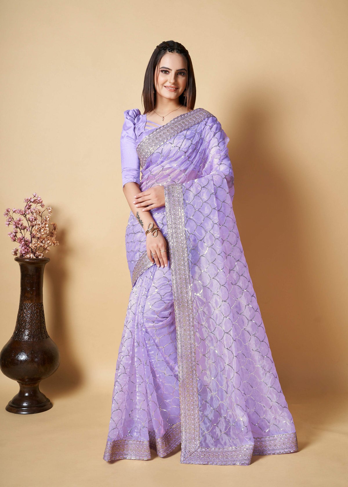Vamsee Nirja Lavender Organza Saree | Grocsy