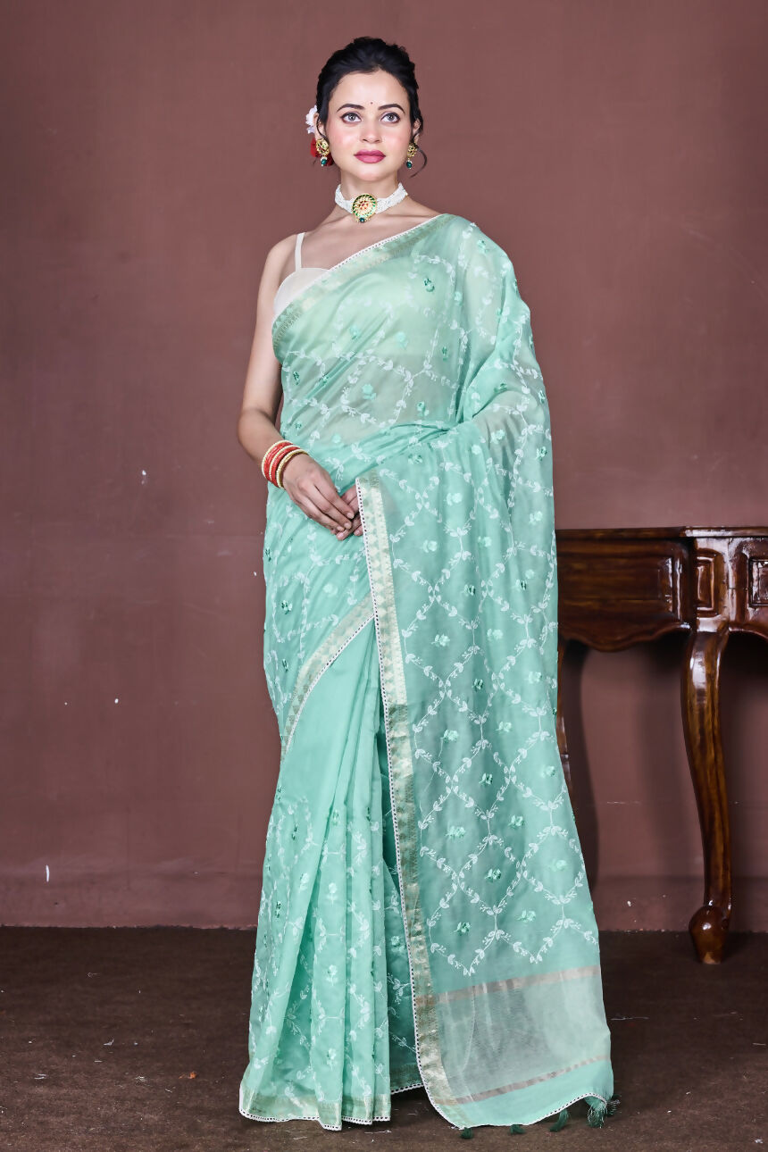 Morchari Green Cotton Chanderi Embroidery Saree Unstitched Blouse | Grocsy
