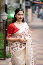 White Jute Silk Ethnic Motifs Saree with Unstitched Blouse - A2M | Grocsy