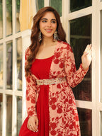 Janasya Maroon Georgette Solid Dress & Jacket | Grocsy