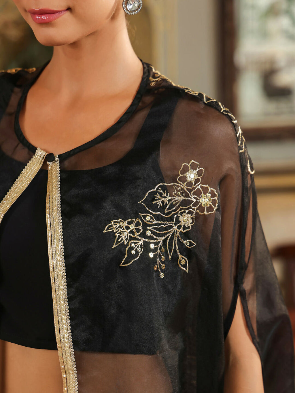 Janasya Black Georgette Solid Top Bottom Cape | Grocsy