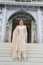 Jyoti Fashion Women's Beige Faux Georgette Heavy Embroidery and Moti Work Kurta Set | Grocsy
