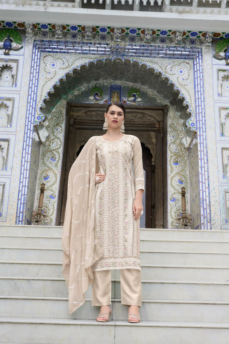 Jyoti Fashion Women's Beige Faux Georgette Heavy Embroidery and Moti Work Kurta Set | Grocsy