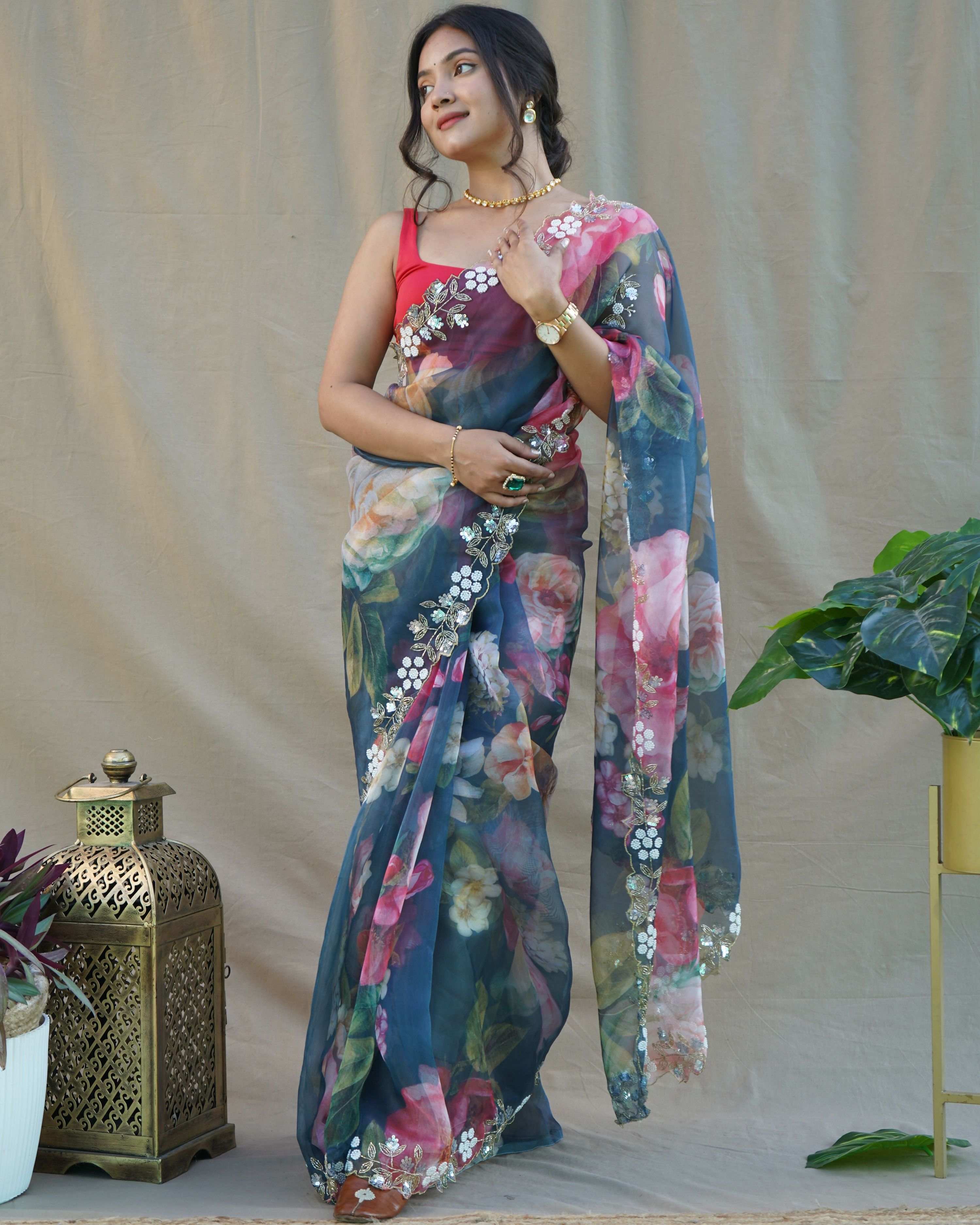 Vamsee Sarangi Blue Organza Saree | Grocsy