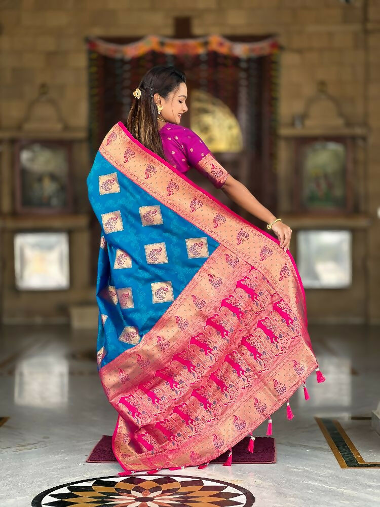 PR Fashion Firozi Soft Banarasi Silk With Zari Weaving Meenakari Design Saree | Grocsy
