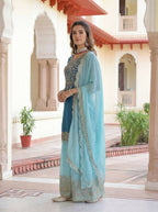 Teeya Creation Sky Chinon Silk Designer Wedding Wear Embroidery Work Palazzo | Grocsy
