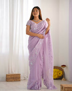 Vamsee Onam Lavender Crushed Fandy Tissue Silk Saree | Grocsy
