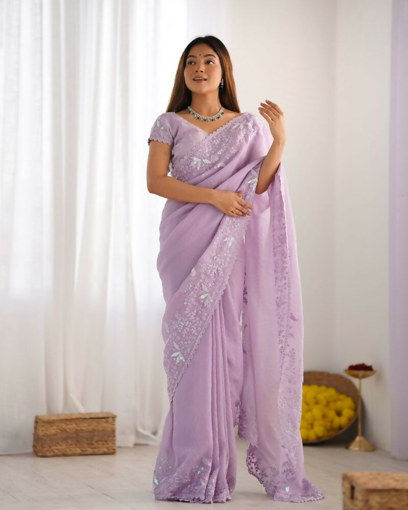Vamsee Onam Lavender Crushed Fandy Tissue Silk Saree | Grocsy