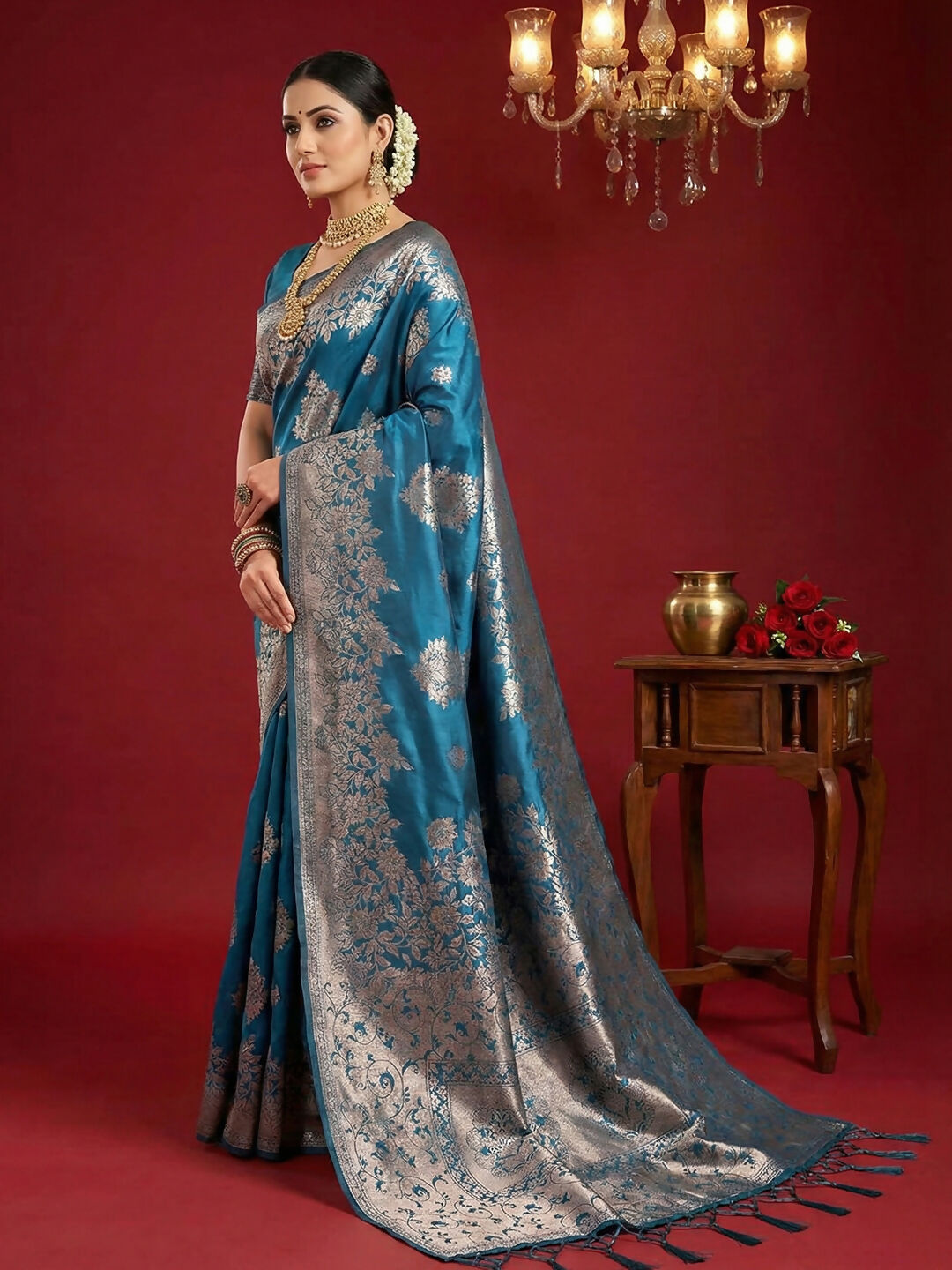 Shree Shyam Fashion Teal Blue Silk Blend Saree | Grocsy