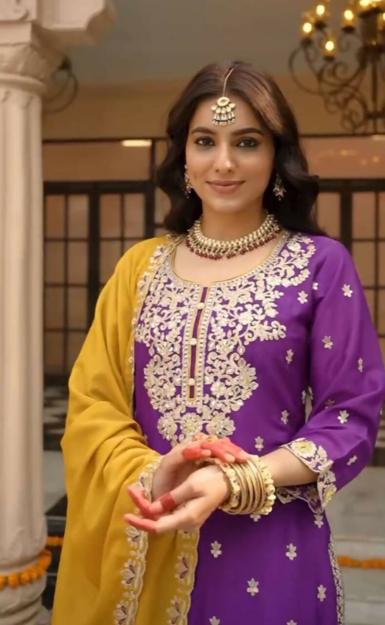 Teeya Creation Womens New Wedding Wear Heavy Embroidery Thread Work Purple Kurta Set | Grocsy