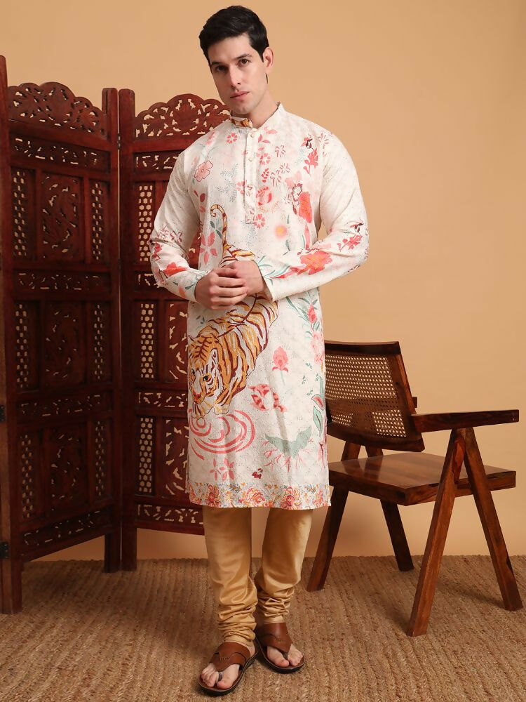 Off White Cotton Printed Chikankari Embroidery Work Kurta - Mahotsav | Grocsy