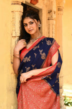 Joban Fashion Navy Blue Crepe Chiffon Pure Handloom Banarasi Silk Saree | Grocsy