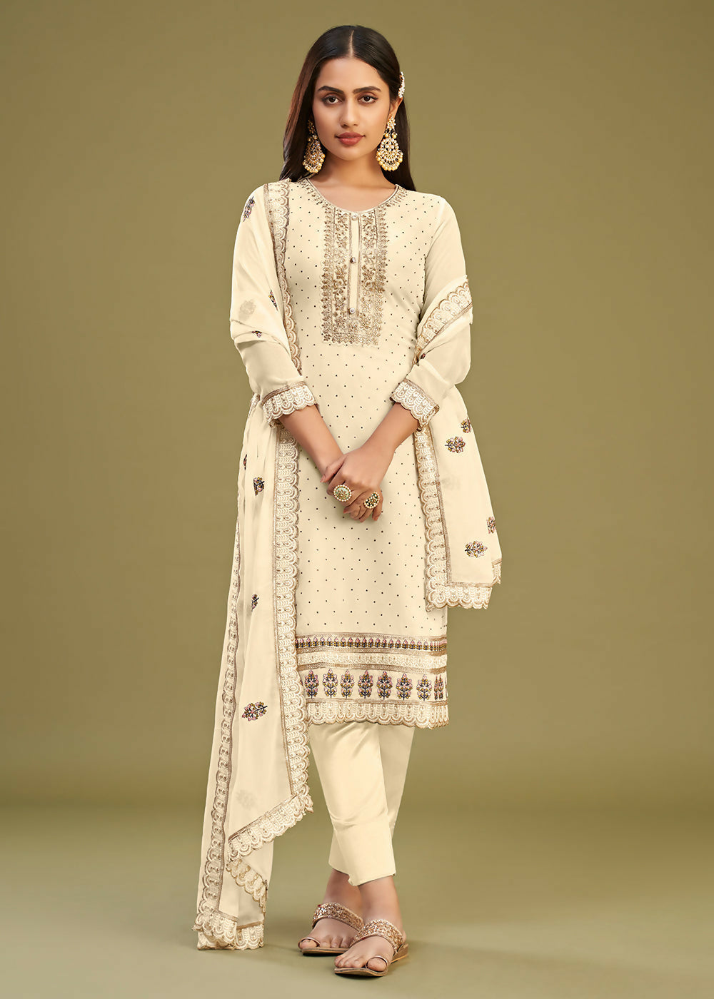 Off White Swarovski Work & Embroidered Eid Wear Salwar Suit - Emponline | Grocsy