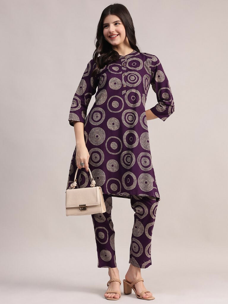 Aavyora Women's Purple Abstract Printed Pure Cotton Co-ord Set | Grocsy