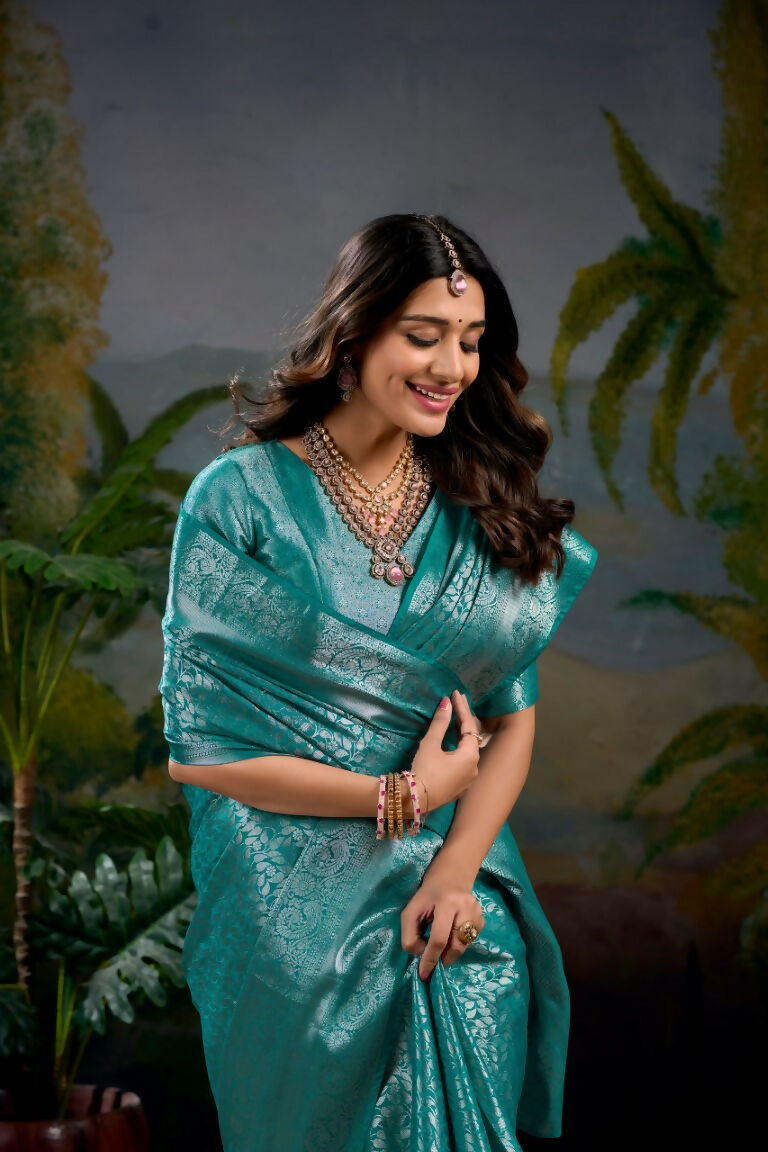 Vastranavya Firozi Kanjivaram Zari Weaving Work Saree with Unstitched Blouse | Grocsy