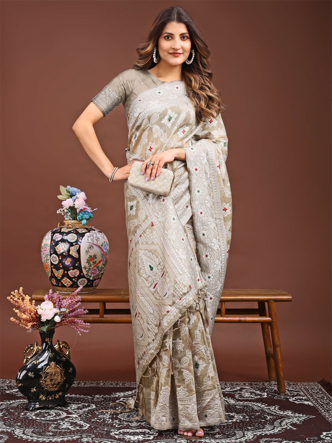 Shree Shyam Fashion Pankhuri Brown Linen Cotton Saree | Grocsy