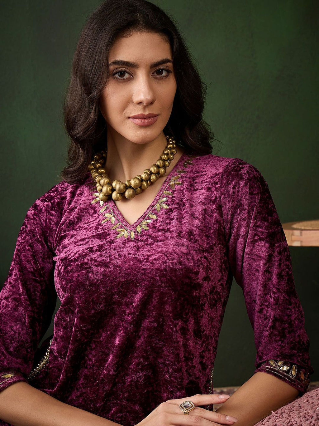 Sangria Embroidered Straight Velvet Kurta | Grocsy
