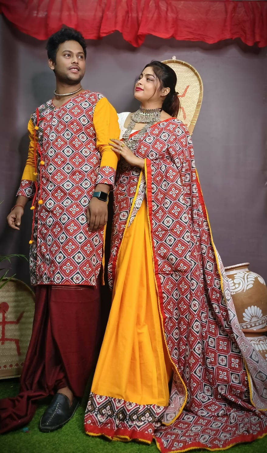 Exclusive Collection Saree With Blouse Piece For Women And Men's Kurta - Yellow | Grocsy