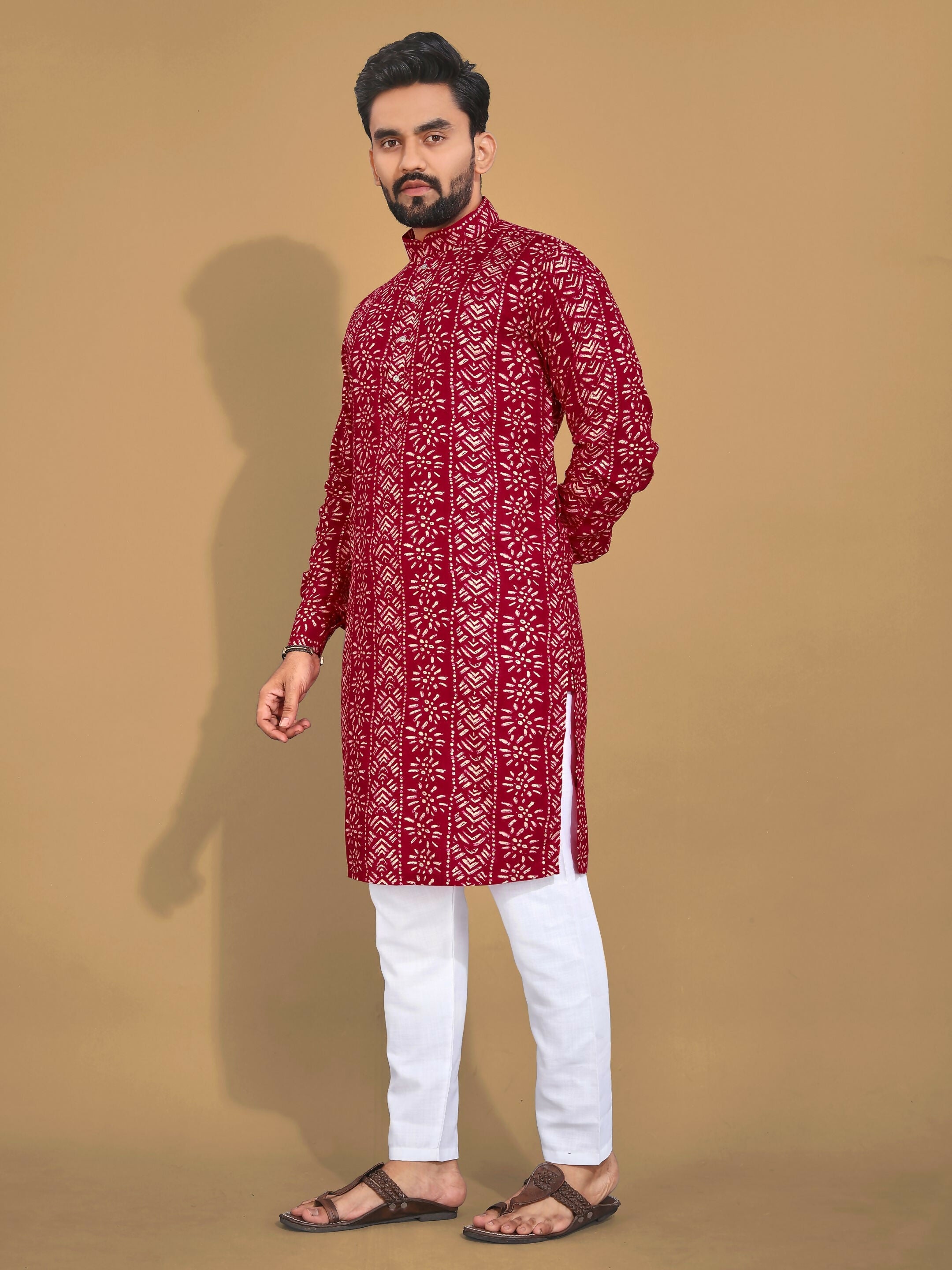 Anaita Maroon Printed Cotton Straight Kurta | Grocsy