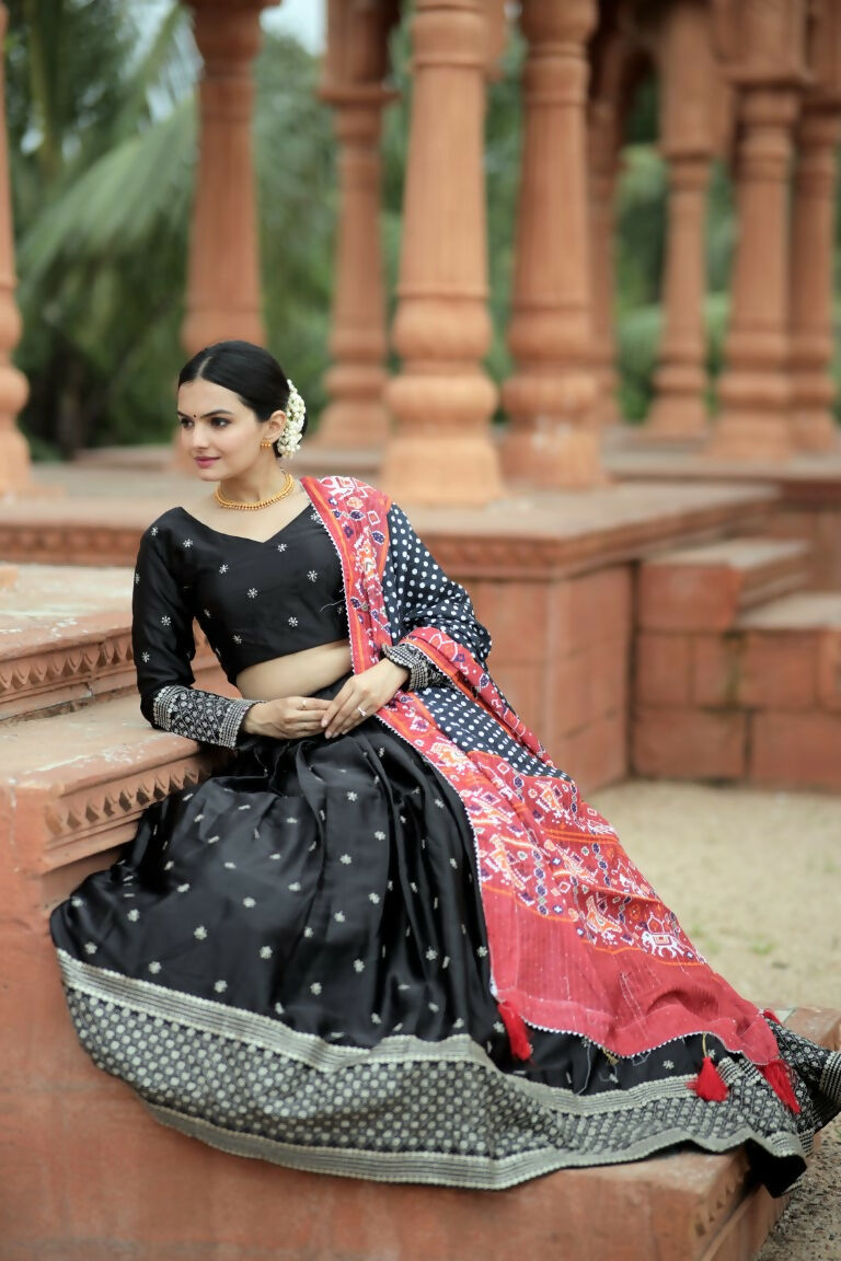 Vastranavya Navaratri Collection Myra Silk Lehenga & Blouse With Maslin Crochet Printed Dupatta Set - Black | Grocsy