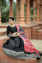 Vastranavya Navaratri Collection Myra Silk Lehenga & Blouse With Maslin Crochet Printed Dupatta Set - Black | Grocsy