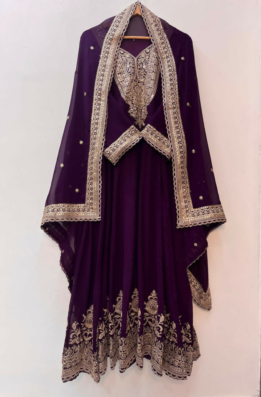 Teeya Creation Wine Color Faux Georgette Embroidery Work Long Party Wear Gown | Grocsy