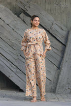 Women's Partywear Designer Cream & Multi Muslin co-ord set - Stylishta | Grocsy
