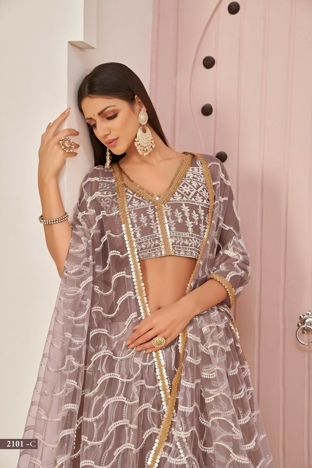 Eilara Mesmerizing Onion Pink Butterfly Net White Cotton Thread Zari Sandwich Sequence Work Lehenga Choli For Wedding | Grocsy