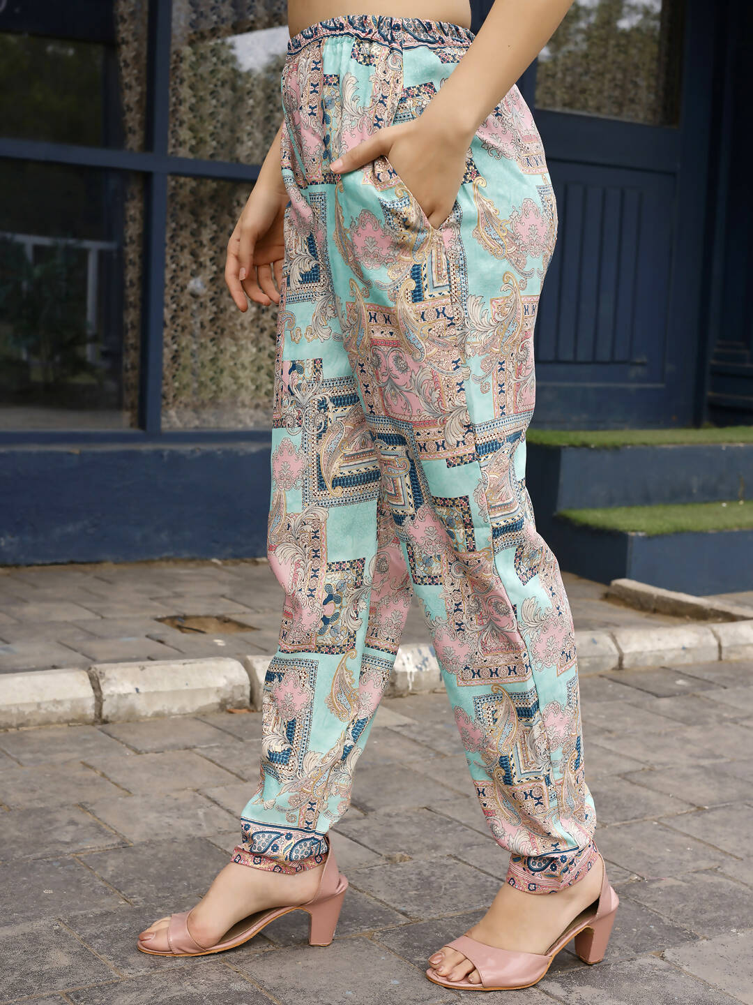 Pink & Blue Rayon Paisley Printed Top with Matching Bottom - Eesha | Grocsy
