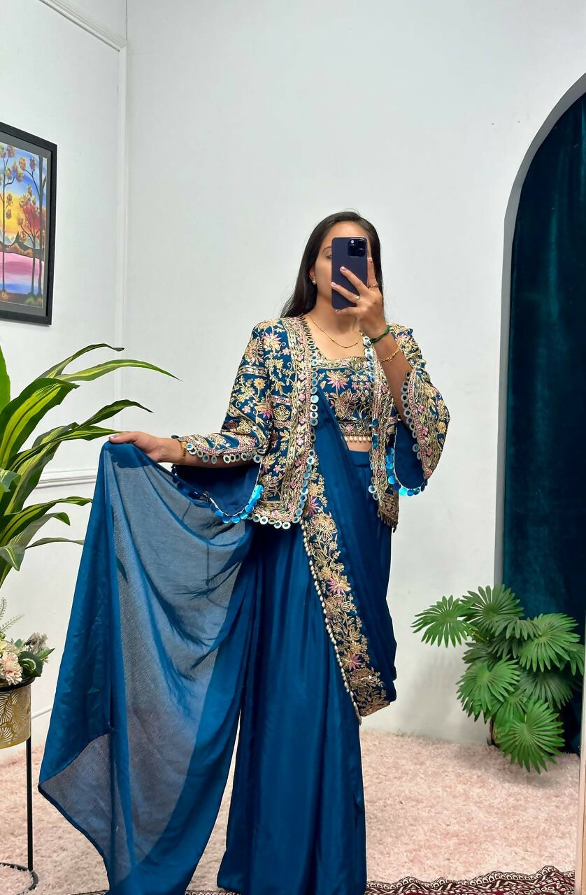 Teeya Creation Teal Color Chinon Silk Embroidery Work Ready To Wear Party Wear Saree With Koti | Grocsy