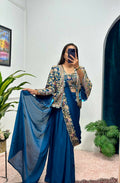 Teeya Creation Teal Color Chinon Silk Embroidery Work Ready To Wear Party Wear Saree With Koti | Grocsy