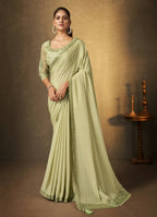 Green Chinon Chiffon Thread Work Embroidered with Swaroski Work Saree With Unstitched Blouse Piece - Norita Royal Erisha | Grocsy