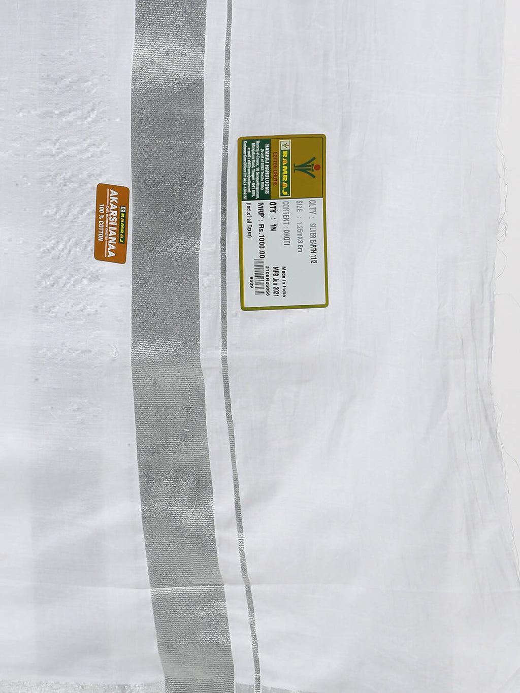 Ramraj Cotton Mens Pure Cotton 1 1 / 2 " Silver Jari Dhoti - White | Grocsy