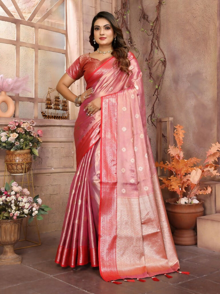 Anaita Peach Tissue Silk With Zari Weaving Saree With Blouse | Grocsy