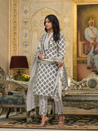 Juniper Women's White Floral Printed Cotton Kurta Pant With Dupatta Set With Lace | Grocsy