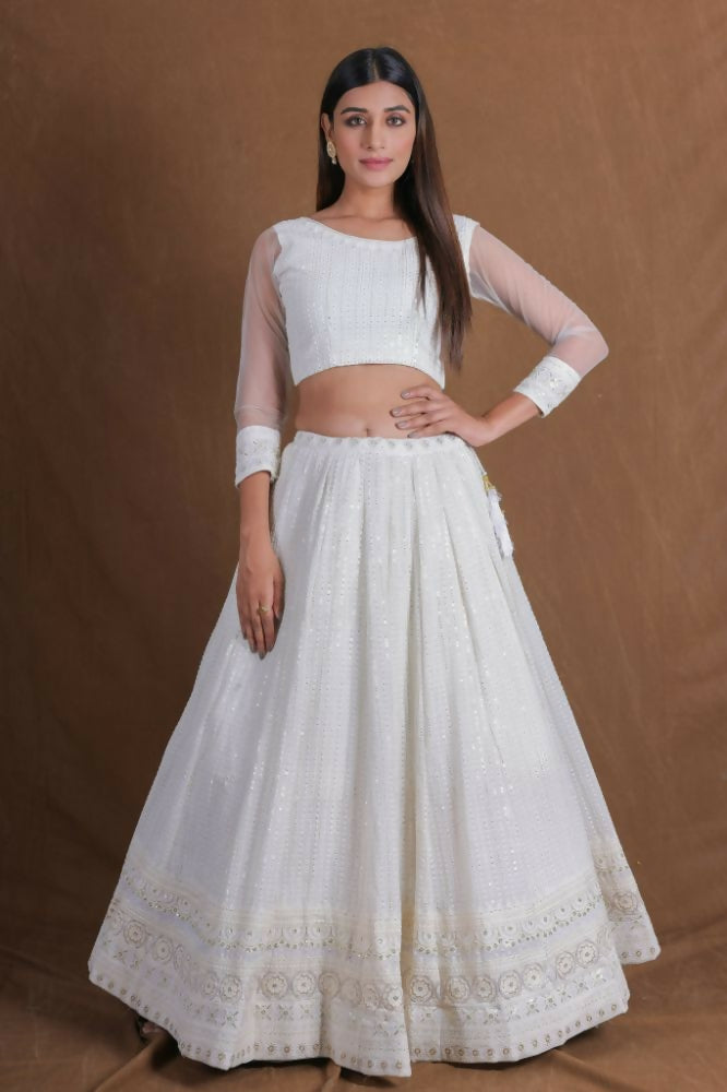 White Thread Sequenve Embroidery Work Lehenga Choli Set - Jihu Culture | Grocsy
