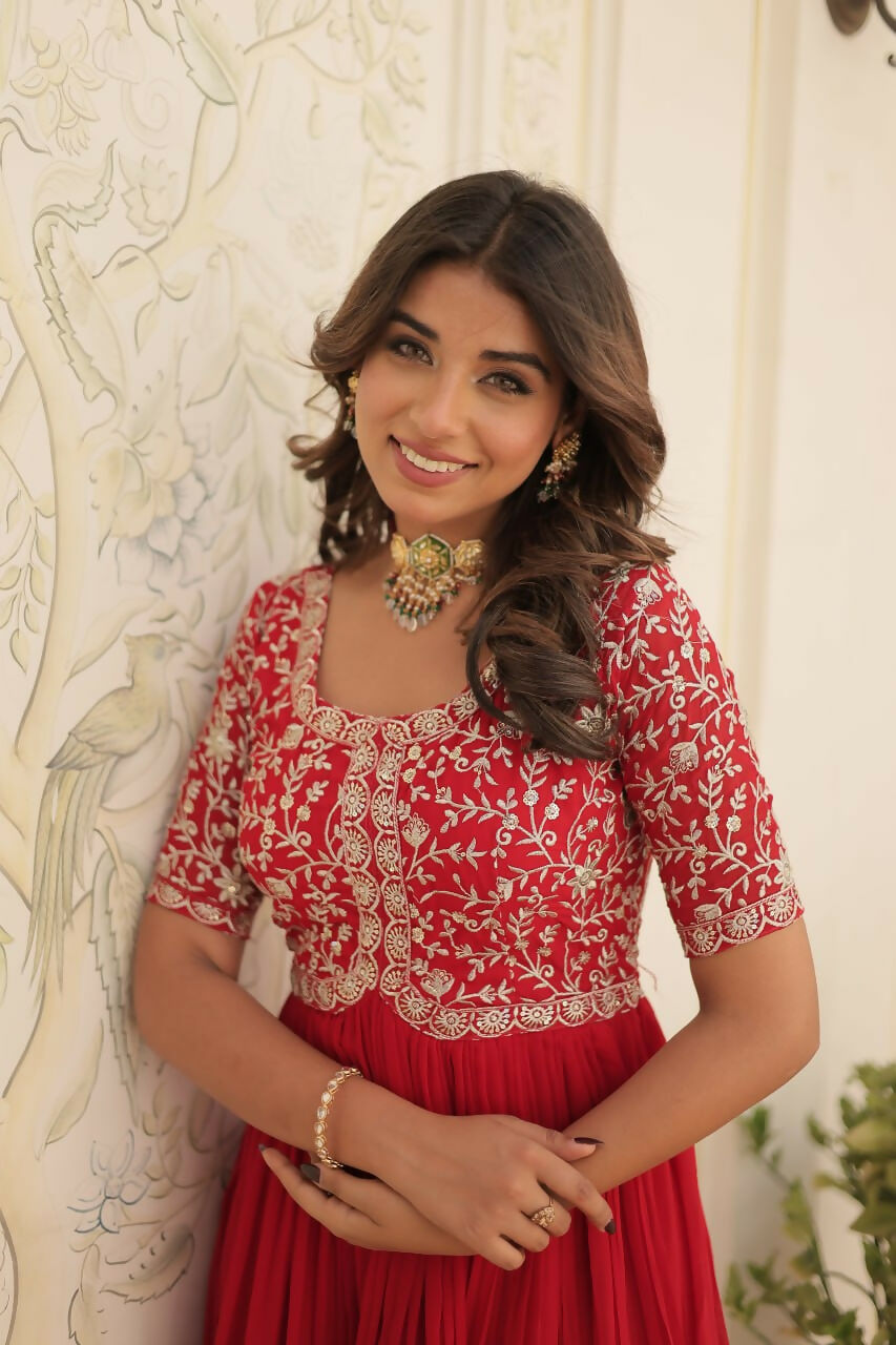 Vastranavya Faux Blooming with Embroidery Zari Sequins-work Gown - Red | Grocsy