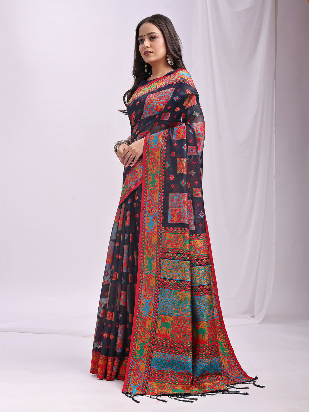 Shree Shyam Fashion Vastraloom Navy Blue Linen Cotton Saree | Grocsy